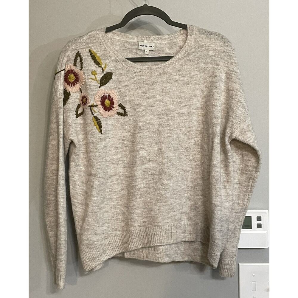 Silver Flint Sweater Embroidered Floral Wool Alpaca Blend Womens Small EUC